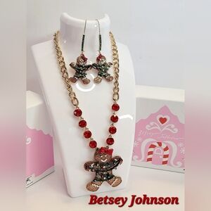 Betsey Johnson Gingerbread Women Christmas Rhinestone  Necklace and Earrings Set